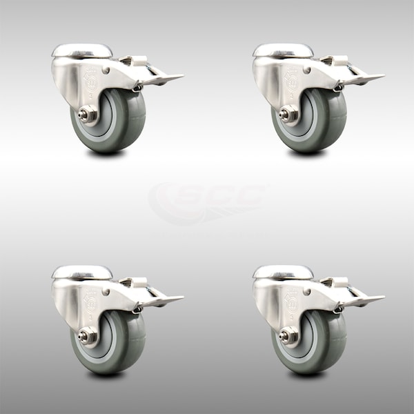 3 Inch 316SS Gray Polyurethane Swivel Bolt Hole Caster Set with Lock Brake SCC